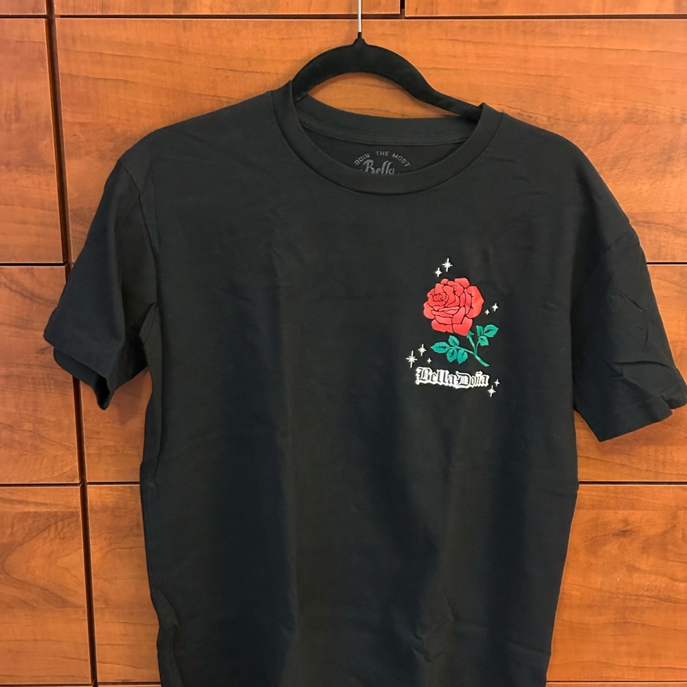 Black Tee with Red Rose Design